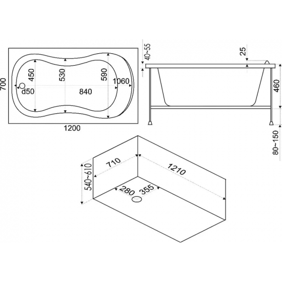 Акриловая ванна BAS Кэмерон 120x70 см, с каркасом