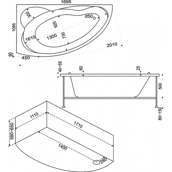 Акриловая ванна BAS Лагуна L 170x120 см, угловая, с каркасом, асимметричная