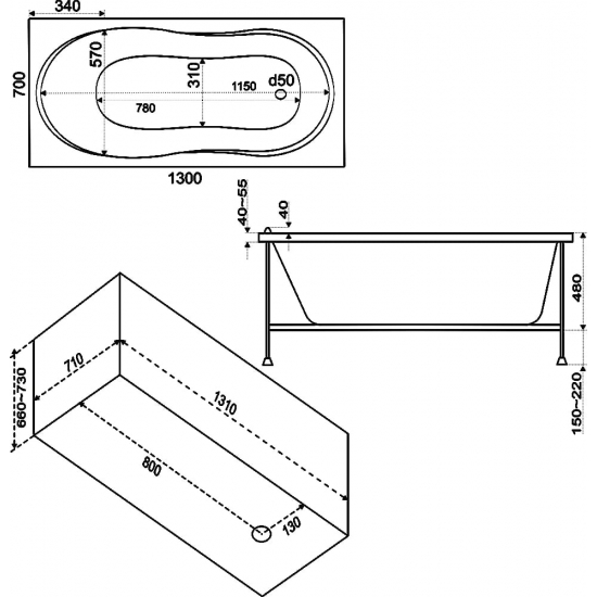 Акриловая ванна BAS Лима стандарт 130x70 см, с ножками