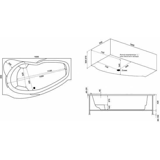 Акриловая ванна BAS Мартиника L 160x85 см, угловая, с каркасом, четверть круга