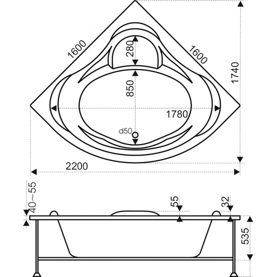 Акриловая ванна BAS Мега 160x160 см, угловая, с каркасом, четверть круга