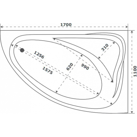 Акриловая ванна BAS Милан R 170x110 см, угловая, с каркасом, четверть круга