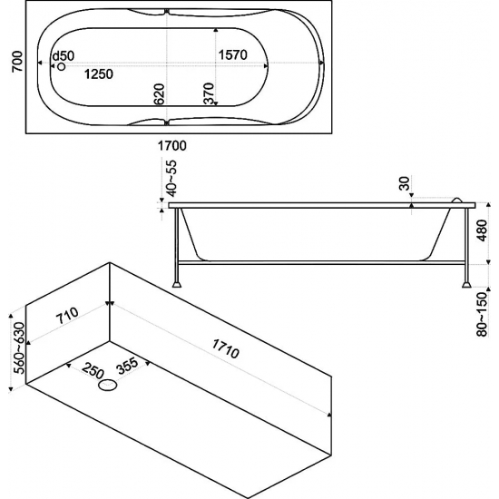 Акриловая ванна BAS Нептун стандарт 170x70 см, с ножками