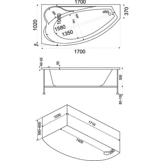 Акриловая ванна BAS Николь L 170x110 см, угловая, с каркасом, асимметричная