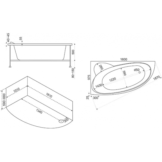 Акриловая ванна BAS Сагра L 160x100 см, угловая, с каркасом, асимметричная