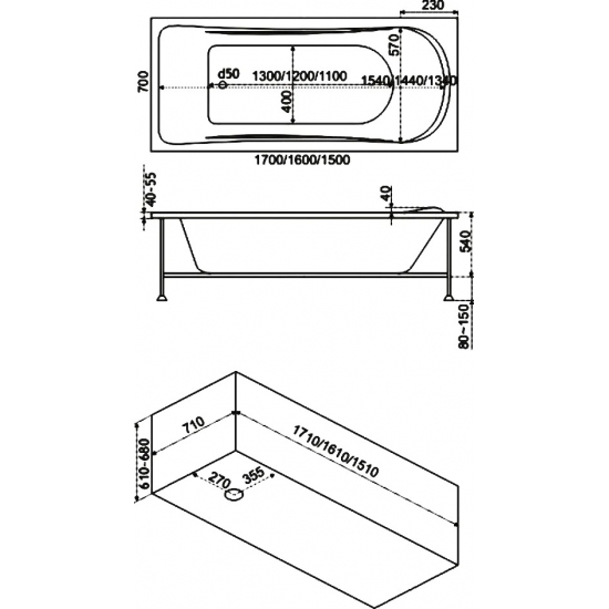 Акриловая ванна BAS Стайл 160x70 см, с каркасом