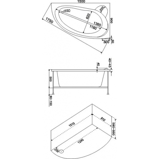 Акриловая ванна BAS Вектра R 150x95 см, угловая, с каркасом, асимметричная