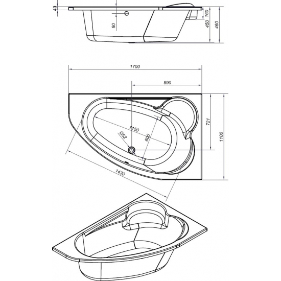 Акриловая ванна CERSANIT Kaliope R 170x110 см, с каркасом, асимметричная