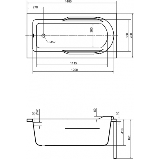 Акриловая ванна CERSANIT Santana 140x70 см, с каркасом, ультрабелая