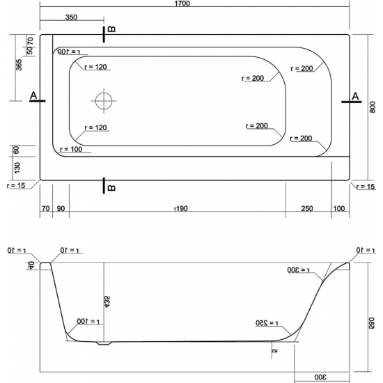 Акриловая ванна CERSANIT Smart R 170x80 см, с ножками
