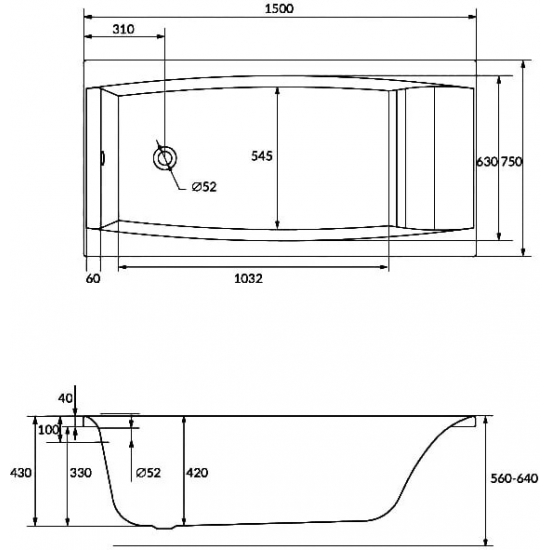 Акриловая ванна CERSANIT Virgo 63352 (WP-VIRGO*150) без опоры 150x75 см