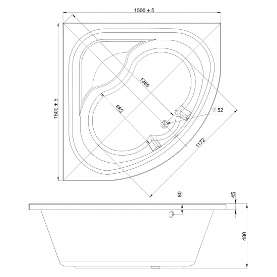 Акриловая ванна MIRSANT Эльбрус 150x150 Premium, угловая
