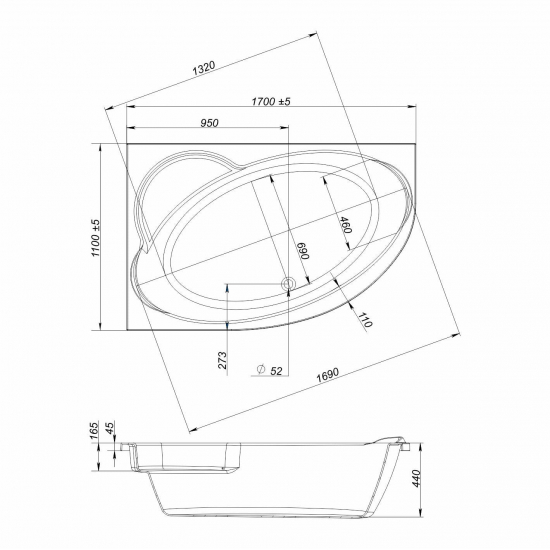 Акриловая ванна MIRSANT Массандра 170x110 Premium, левая