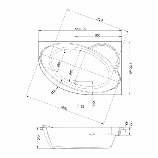 Акриловая ванна MIRSANT Массандра 170x110 Premium, правая