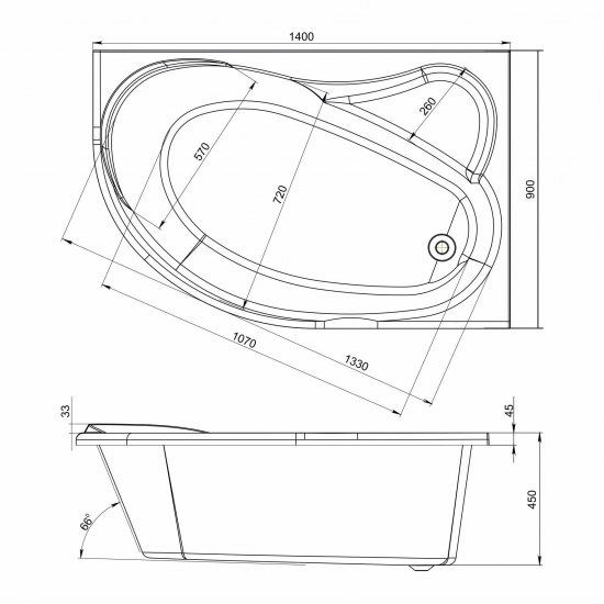 Акриловая ванна MIRSANT Ялта 140x90 Premium, правая