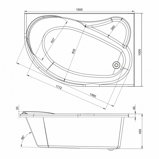 Акриловая ванна MIRSANT Ялта 150x100 Premium, правая