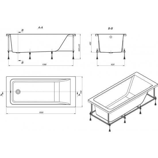 Акриловая ванна ROCA Easy 150x70 см, с каркасом