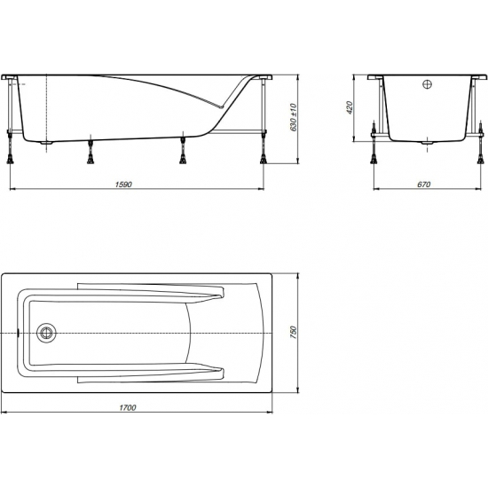 Акриловая ванна ROCA Hall 170x75 см, с каркасом
