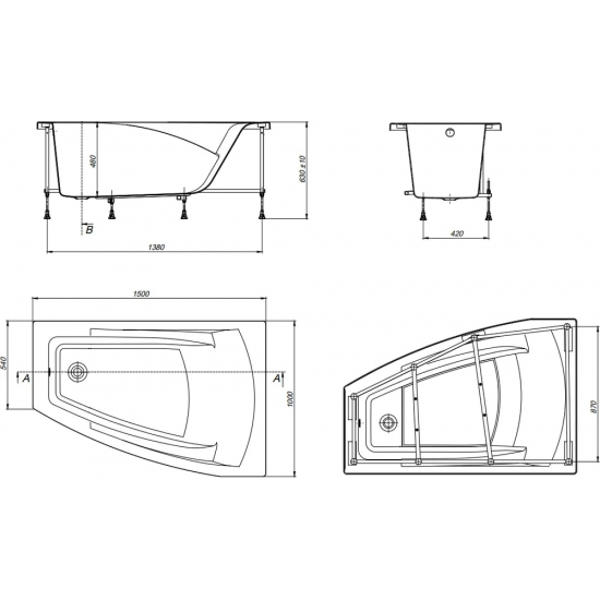 Акриловая ванна ROCA Hall Angular ZRU9302865 без опоры 150x100 см, угловая, асимметричная