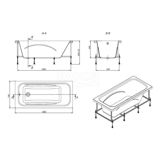 Акриловая ванна ROCA Line 160x70 см, с каркасом
