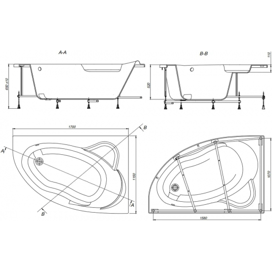 Акриловая ванна ROCA Luna 248641000 R без опоры 170x115 см, угловая, асимметричная