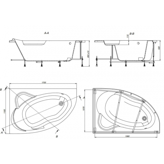 Акриловая ванна ROCA Luna L 170x115 см, угловая, асимметричная