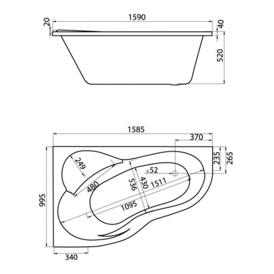 Акриловая ванна SANTEK Ибица XL L 160x100 см, угловая, с каркасом, асимметричная