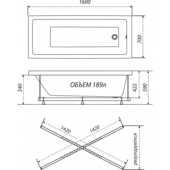 Акриловая ванна ТРИТОН Аура 160x70 см, с ножками