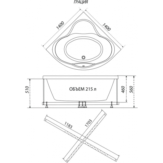 Акриловая ванна ТРИТОН Грация 140x140 см, угловая, с каркасом