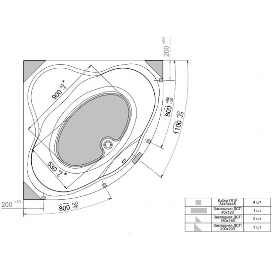 Акриловая ванна ТРИТОН Грация Щ0000048049 без опоры 140x140 см, угловая