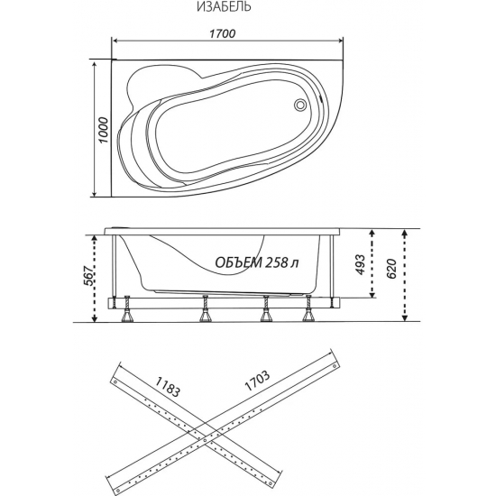 Акриловая ванна ТРИТОН Изабель R 170x100 см, угловая, с каркасом, асимметричная