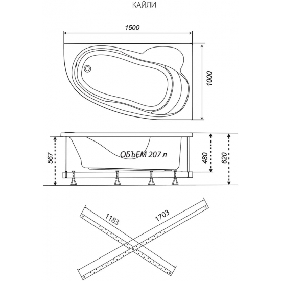 Акриловая ванна ТРИТОН Кайли L 150x100 см, угловая, с каркасом, асимметричная