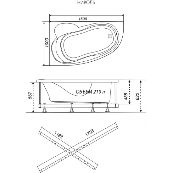 Акриловая ванна ТРИТОН Николь R 160x100 см, угловая, с каркасом, асимметричная