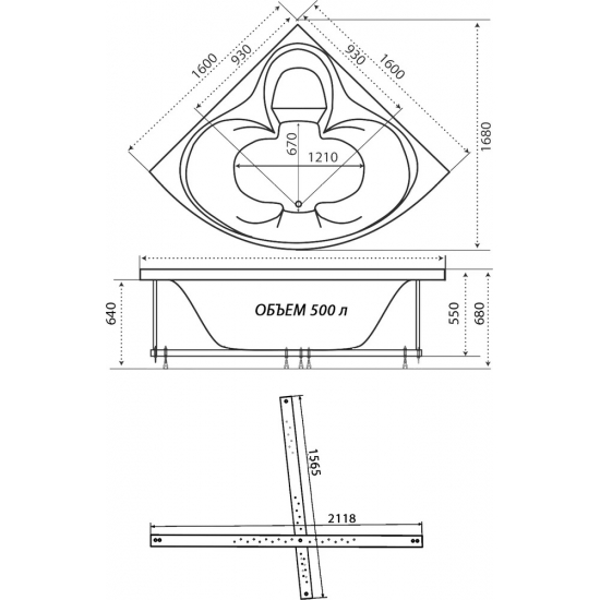 Акриловая ванна ТРИТОН Сабина Экстра без опоры 160x160 см, угловая, четверть круга
