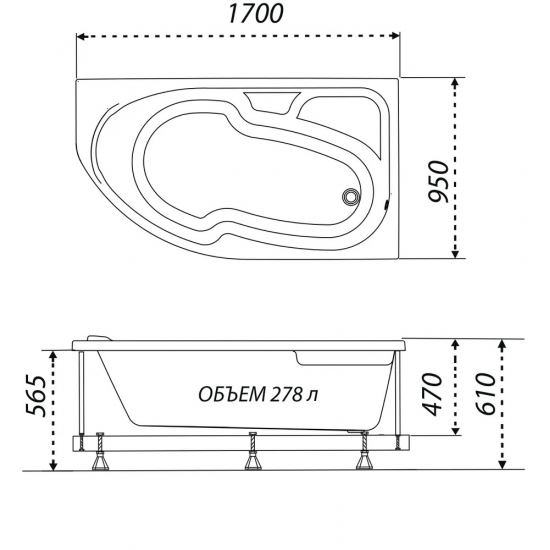 Акриловая ванна ТРИТОН София R 170x95 см, угловая, с каркасом, асимметричная