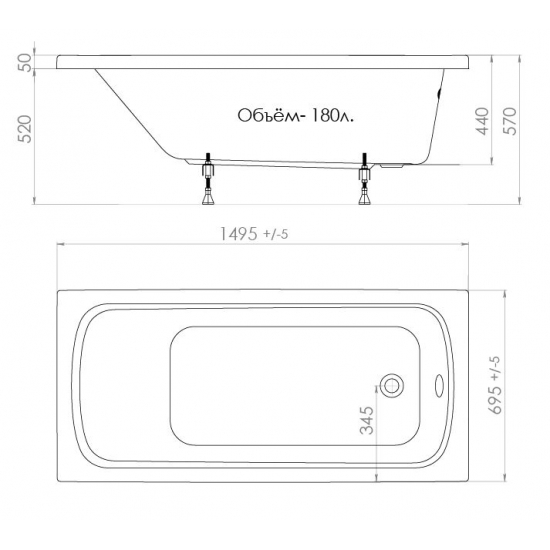 Акриловая ванна ТРИТОН Стандарт 150x70 см, с ножками