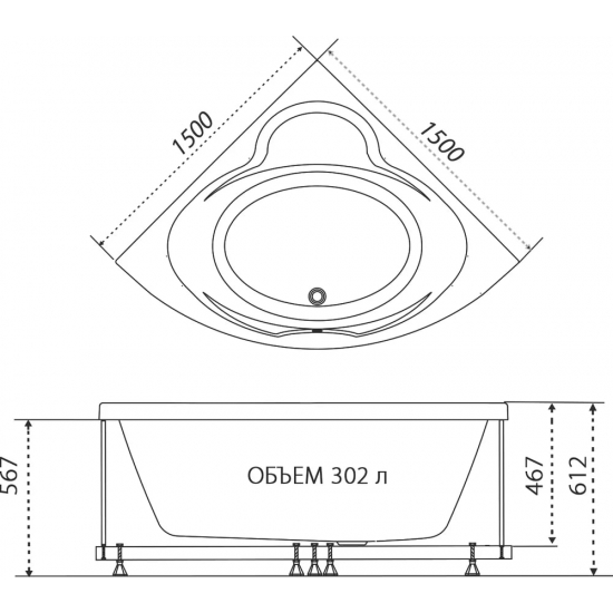 Акриловая ванна ТРИТОН Троя Щ0000045648 без опоры 150x150 см, угловая, четверть круга