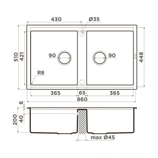 Мойка для кухни OMOIKIRI Kitagawa 86-2 2 чаши 860х510 мм керамика, leningrad grey