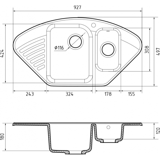 Мойка для кухни GRANFEST Quarz(ECO) Z14 1.5 чаши угловая 927х497 мм кварцевая, тёмно-серый