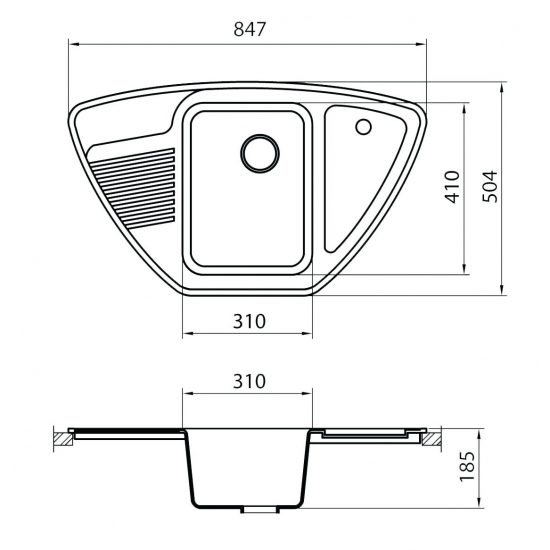 Мойка для кухни GRANICOM G-008 1.5 чаши, угловая 847х504 мм, антрацит