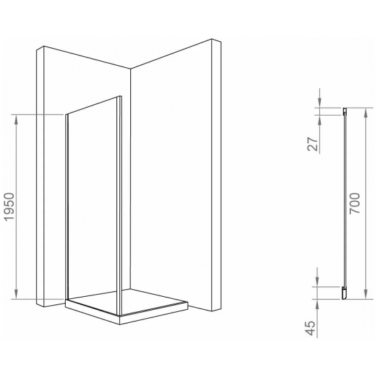 Боковая стенка RGW Z-050-2 70x195 стекло прозрачное, профиль хром