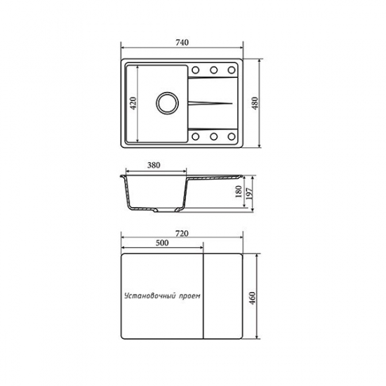 Мойка для кухни керамогранит ZOX ZX-GM 06 с крылом, чёрная, 480*740*180