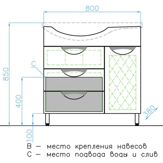 Тумба с раковиной STYLE LINE Жасмин 82 с корзиной, раковина Коралл 82 правая