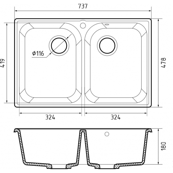 Мойка для кухни GRANFEST Quarz(ECO) Z15 2 чаши 737х478 мм кварцевая, тёмно-серый