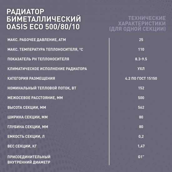 Радиатор биметаллический OASIS Eco 500/80 10 секций