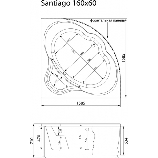 Акриловая ванна AQUANET Santiago 00205545 160x160 см, угловая, с каркасом, четверть круга