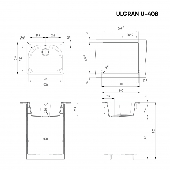 Мойка для кухни ULGRAN U-408 590х510 мм, тёмно-серый