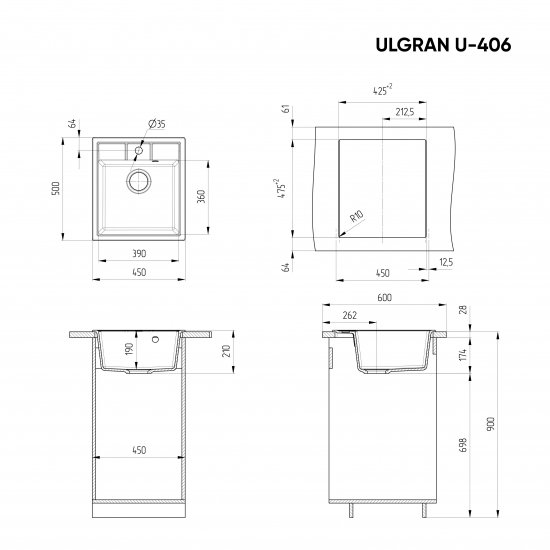 Мойка для кухни ULGRAN U-406 450х500 мм, тёмно-серый