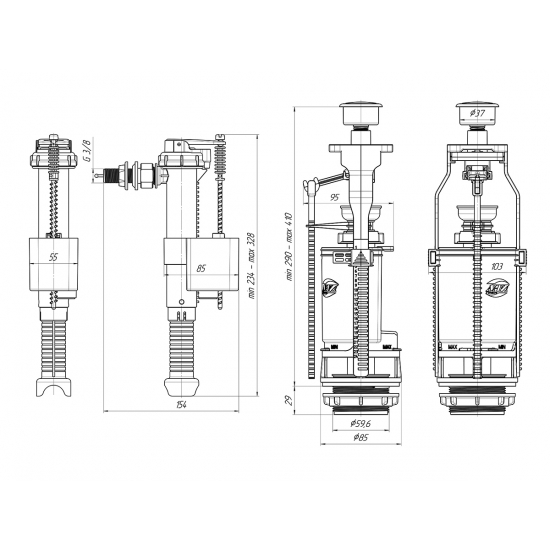 Сливной механизм АНИ ПЛАСТ WC8040C с боковой подводкой G 3/8", с латунным штуцером кнопка хром