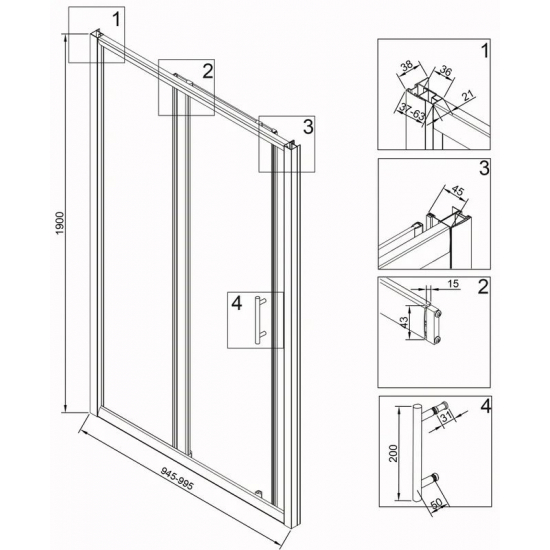 Душевая дверь в нишу VECONI Vianno VN-72B 100x190 стекло прозрачное, профиль чёрный